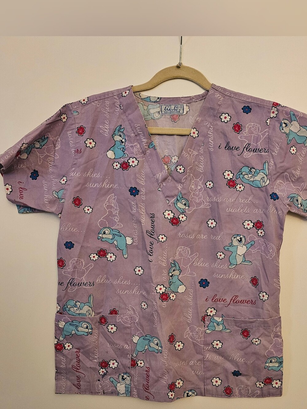 Y2K Vintage Disney Thumper Bunny "I Love Flowers" Scrub Top Lavender S